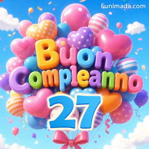 Sullo sfondo di un cielo azzurro nuvoloso, un insieme di palloncini festosi presenta l'iscrizione 3D Buon Compleanno e il numero azzurro 27 sospeso.