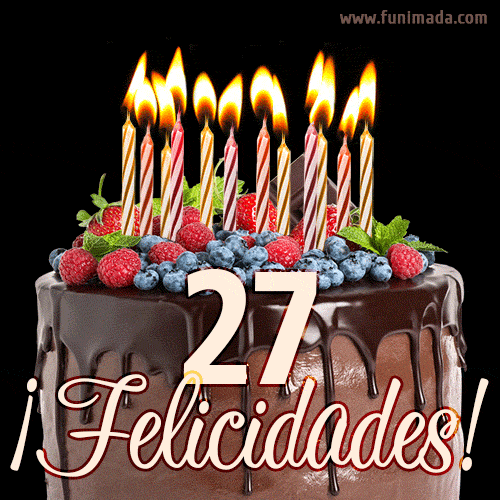 Feliz 27 cumpleaños pastel de chocolate. Imagen (GIF) con pastel y saludo.