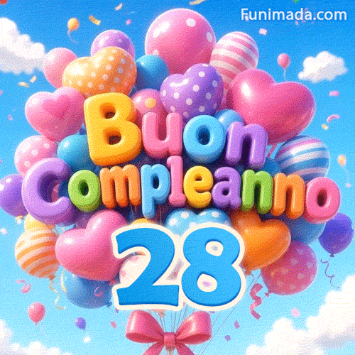 Il numero azzurro 28 pende sotto un mazzo di palloncini multicolori in movimento. Le lettere in rilievo formano Buon Compleanno al centro.
