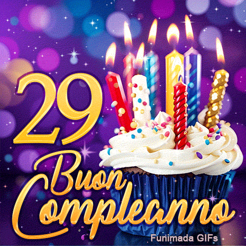 Immagine animata per i 29 anni mostrante un tortino con candele brillanti e il numero 29 in oro su sfondo viola.