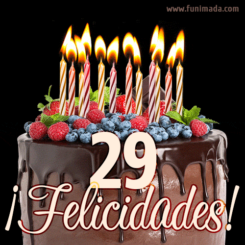 Feliz 29 cumpleaños pastel de chocolate. Imagen (GIF) con pastel y saludo.
