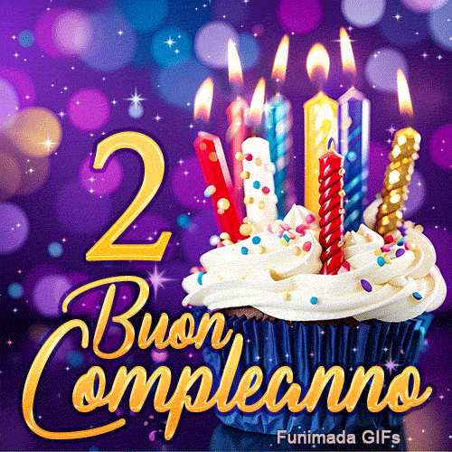 Immagine animata per il 2° compleanno con un dolcetto, candele brillanti e il numero 2 in oro risplendente.