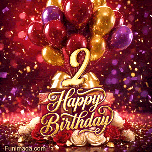 Bright balloons, wrapped presents and red-white roses frame the golden number 2 with Happy Birthday lettering and falling confetti in this animated birthday scene