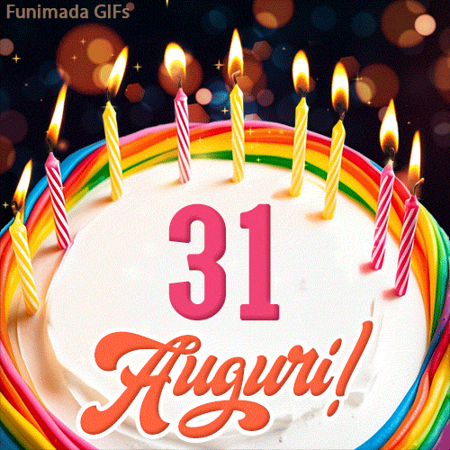 Un'animazione celebrativa di una torta di compleanno per i 31 anni, Le fiamme delle candeline tremolano e delle scintille brillano intorno, creando un'atmosfera festosa e magica.