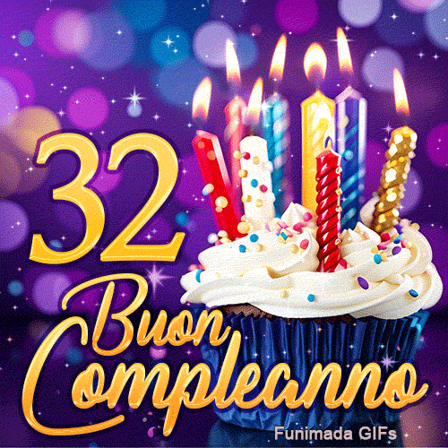 Biglietto animato 32 anni con un cupcake e candeline scintillanti accanto al numero 32 dorato su sfondo lila.