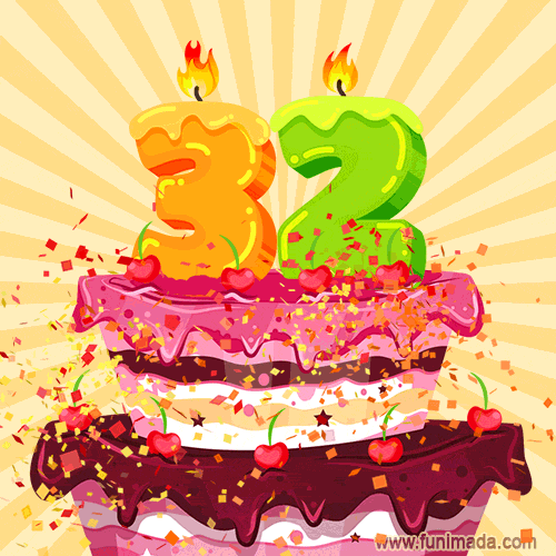 Hand Drawn 32nd Birthday Cake Greeting Card (Animated Loop GIF)