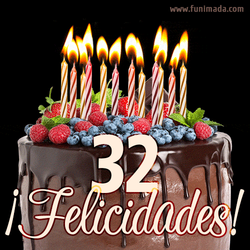 Feliz 32 cumpleaños pastel de chocolate. Imagen (GIF) con pastel y saludo.