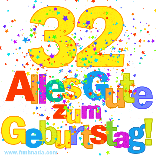 Festliches und farbenfrohes GIF-Bild zum 32. Geburtstag.