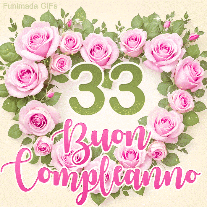 GIF per il 33° compleanno con un cuore di rose rosa e scritta elegante