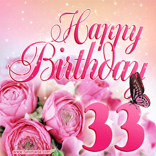 Beautiful Roses & Butterflies - 33 Years Happy Birthday Card for Her