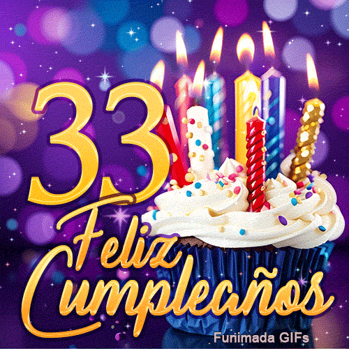 GIF festivo de 33 años mostrando el número 33 en oro brillante, un pastelito iluminado y velas de colores.