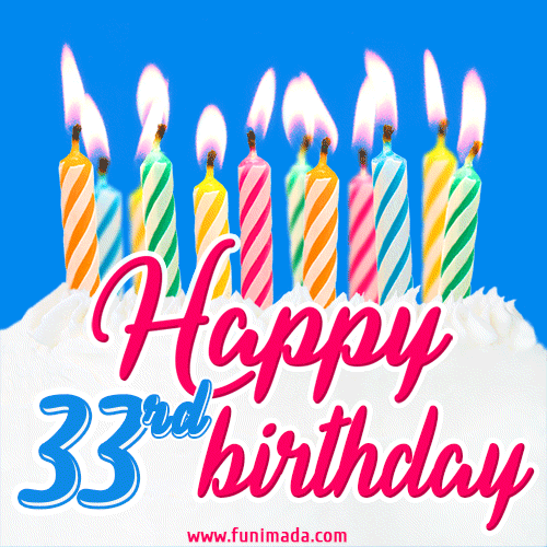 Animated Happy 33rd Birthday Card with Cake and Lit Candles