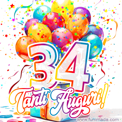 Animazione con palloncini colorati e scintillanti, accompagnata dal numero 34 in caratteri grandi e luminosi, e la scritta 'Tanti Auguri!' in stile vivace.