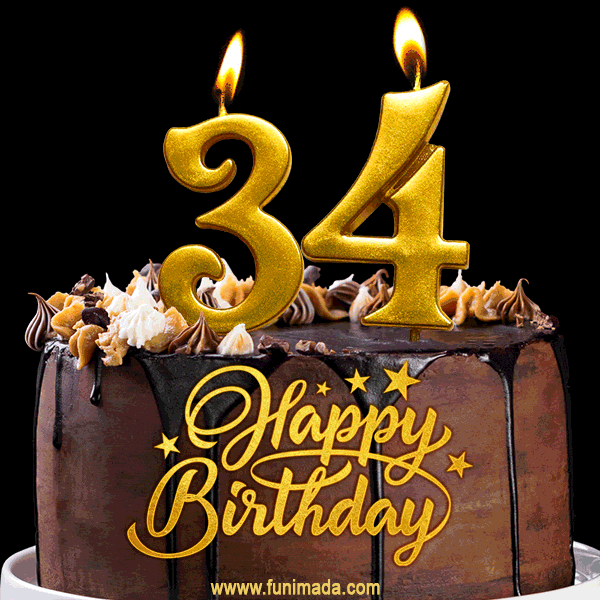 34 Birthday Chocolate Cake with Gold Glitter Number 34 Candles (GIF)