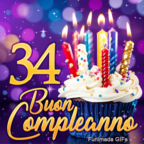 Immagine animata di Buon Compleanno 34 anni: una tortina con candele brilla accanto al numero 34 dorato su sfondo viola.