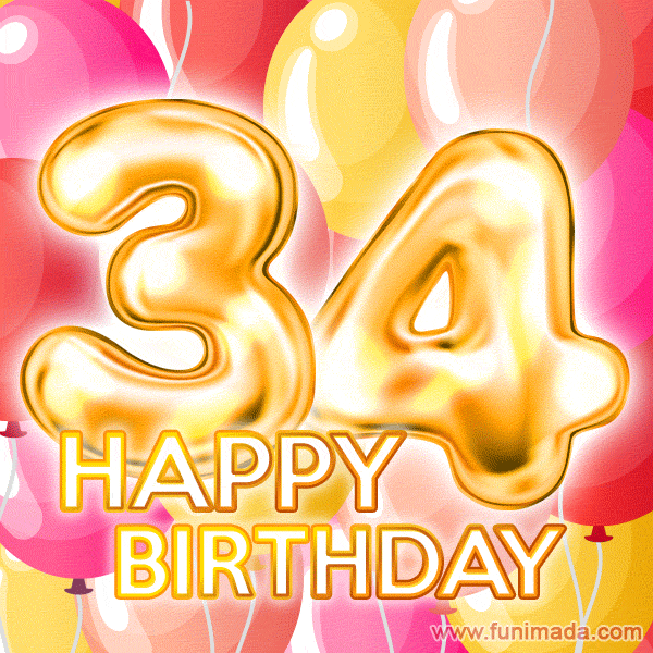 Fantastic Gold Number 34 Balloons Happy Birthday Card (Moving GIF)