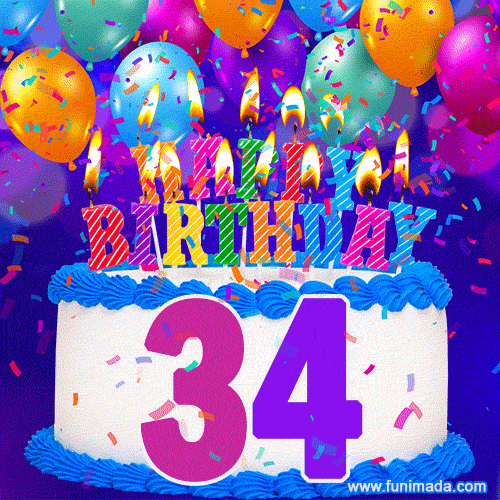 34th Birthday Cake gif: colorful candles, balloons, confetti and number 34