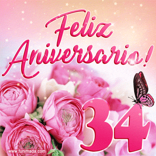 Lindas rosas e borboletas - 34 anos de feliz aniversário GIF