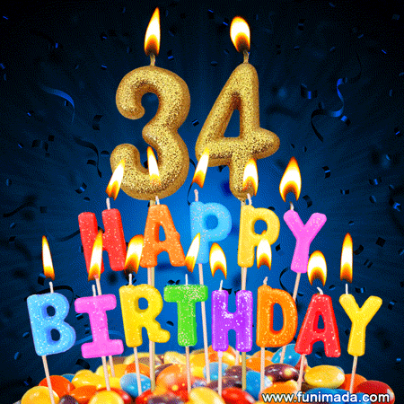 Best Happy 34th Birthday Cake with Colorful Candles GIF