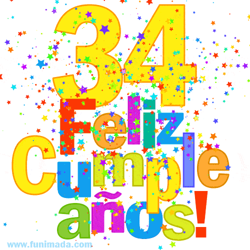 Imagen GIF festiva y colorida de feliz cumpleaños número 34