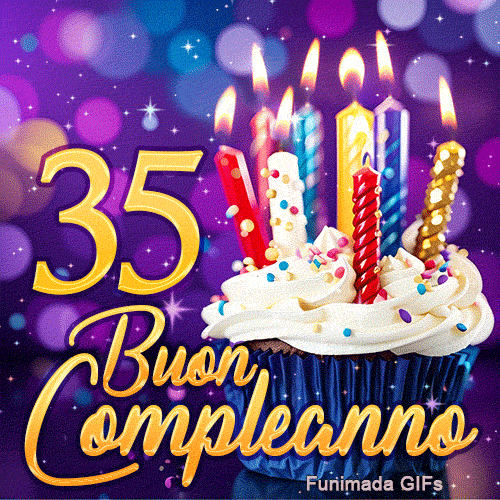 GIF di compleanno 35 anni rappresentante il numero 35 in oro, un cupcake con candeline e scintillii luminosi.