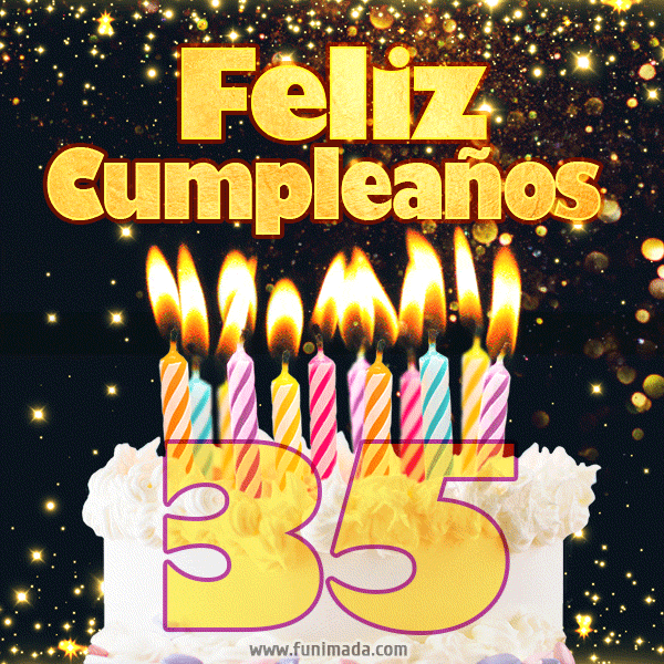 Tarjeta GIF de cumpleaños feliz de 35 años con torta y velas
