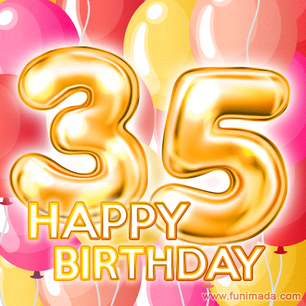 Fantastic Gold Number 35 Balloons Happy Birthday Card (Moving GIF)