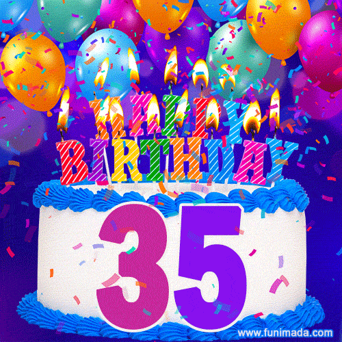 35th Birthday Cake gif: colorful candles, balloons, confetti and number 35