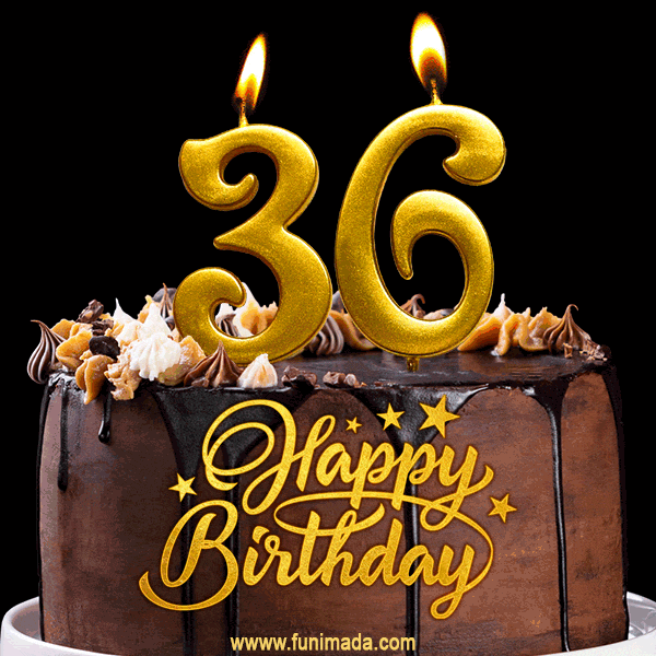 36 Birthday Chocolate Cake with Gold Glitter Number 36 Candles (GIF)