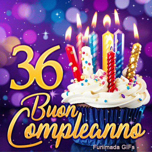 Animazione per i 36 anni con candele colorate illuminate, il numero 36 d'oro e un dolcetto su sfondo viola.
