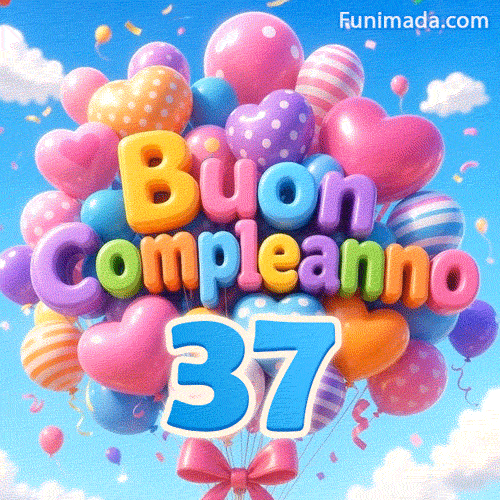 Sotto un magnifico cielo azzurro, un mazzo di palloncini festosi presenta l'iscrizione 3D Buon Compleanno e il numero azzurro 37 sospeso.