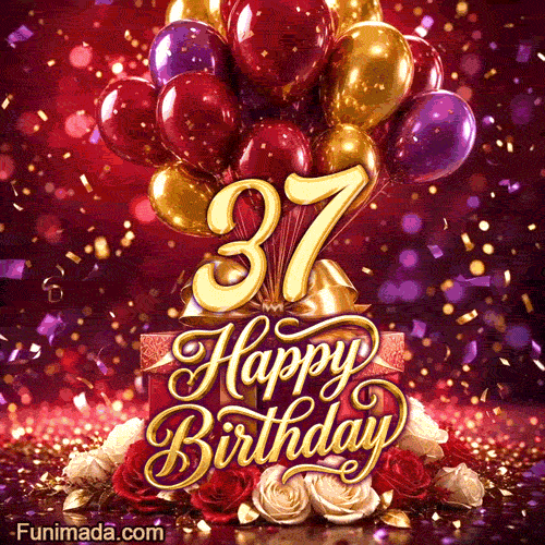 Colorful balloons presents and blooming roses highlight the golden number 37 with Happy Birthday lettering and confetti on a festive backdrop