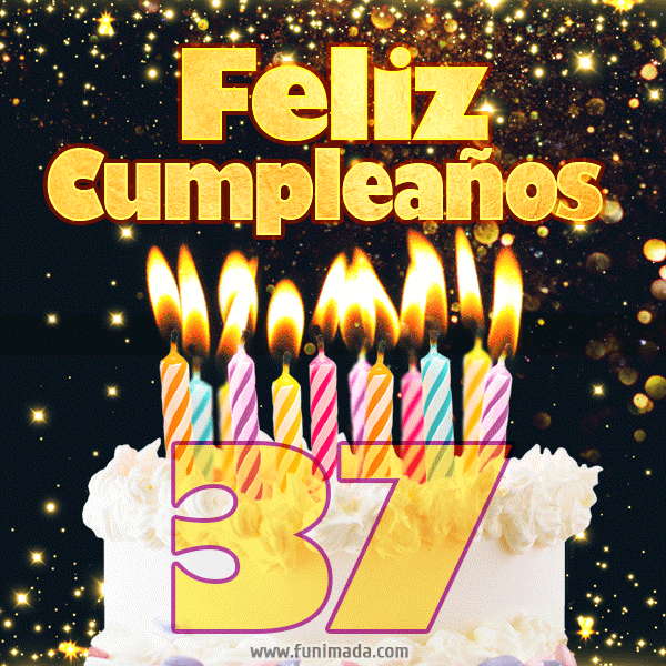 Tarjeta GIF de cumpleaños feliz de 37 años con torta y velas
