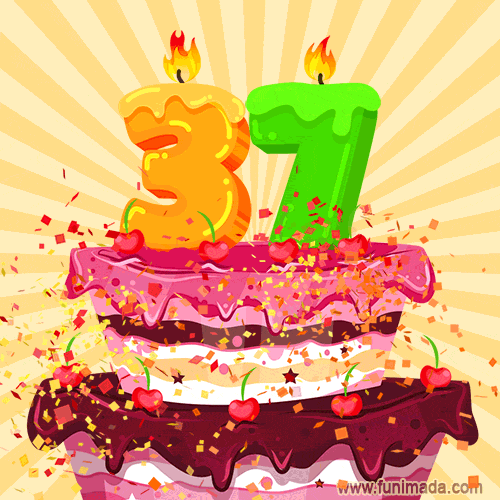 Hand Drawn 37th Birthday Cake Greeting Card (Animated Loop GIF)