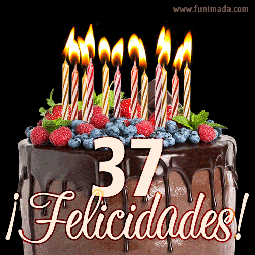 Feliz 37 cumpleaños pastel de chocolate. Imagen (GIF) con pastel y saludo.