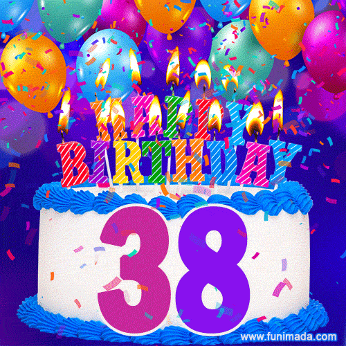 38th Birthday Cake gif: colorful candles, balloons, confetti and number 38