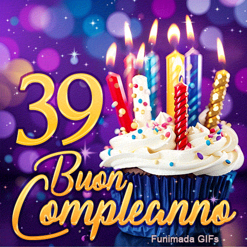 Immagine animata 39 anni con il numero 39 d'oro, una torta festosa con candeline risplendenti e sfondo violetto.