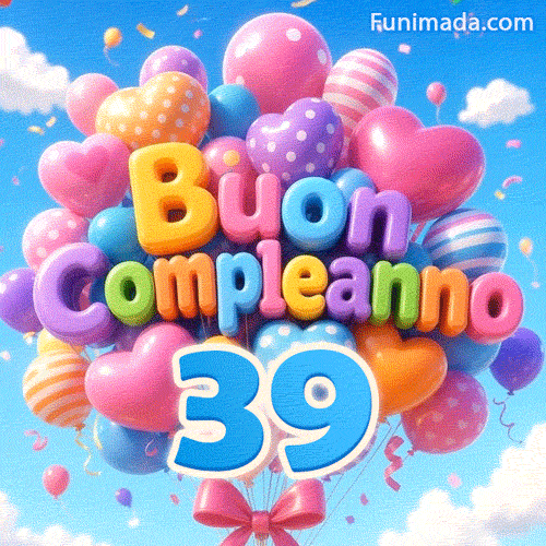 Un gruppo gioioso di palloncini deriva davanti a nuvole bianche. Il testo a palloncino indica Buon Compleanno sopra il grande numero azzurro 39.