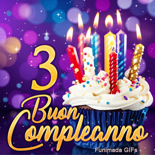 Biglietto animato per 3 anni: un cupcake con candeline scintillanti e il numero 3 dorato su sfondo lila con bokeh.