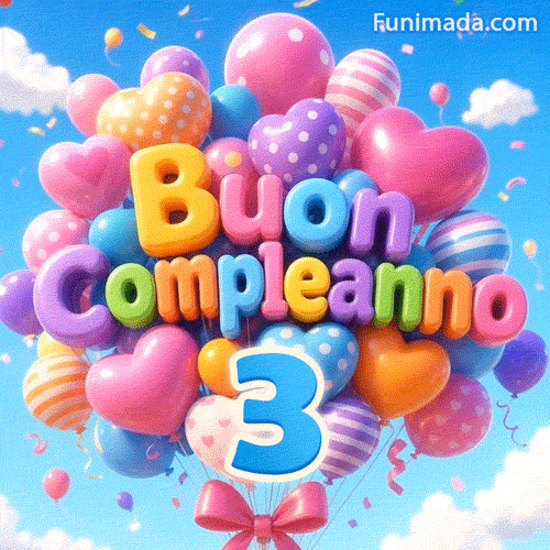 Palloncini a forma di cuore e stella dondolano nel cielo. Il testo 3D Buon Compleanno sormonta un grande numero 3 azzurro alla base.