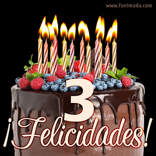 Feliz 3 cumpleaños pastel de chocolate. Imagen (GIF) con pastel y saludo.