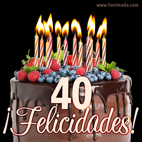 Feliz 40 cumpleaños pastel de chocolate. Imagen (GIF) con pastel y saludo.