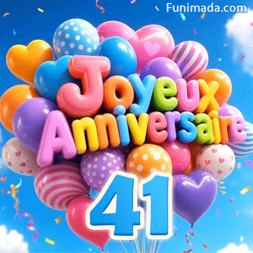 Des ballons multicolores en forme d'étoile et ronds bougent dans le ciel. Le texte 3D Joyeux Anniversaire surmonte le grand chiffre bleu 41.