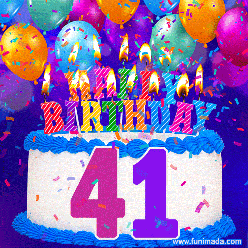 41st Birthday Cake gif: colorful candles, balloons, confetti and number 41