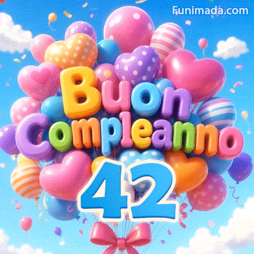 Il grande numero azzurro 42 è sospeso sotto un grappolo di palloncini animati. Il testo Buon Compleanno è formato da palloncini nel cielo azzurro.