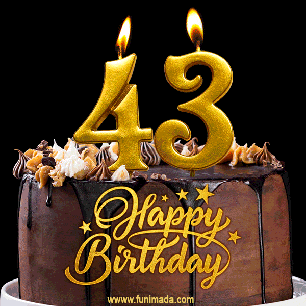 43 Birthday Chocolate Cake with Gold Glitter Number 43 Candles (GIF)