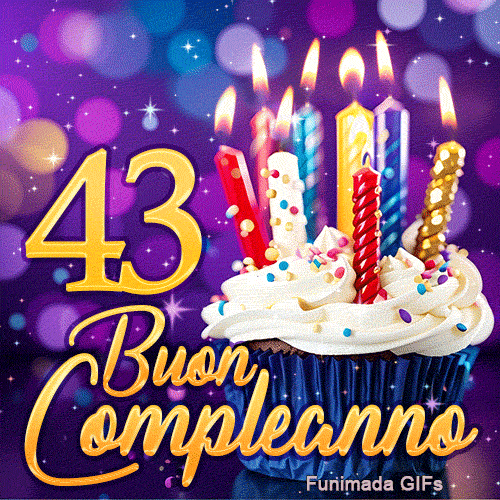 GIF di Buon Compleanno 43 anni mostrante il numero 43 in oro, un cupcake illuminato e dettagli dorati.
