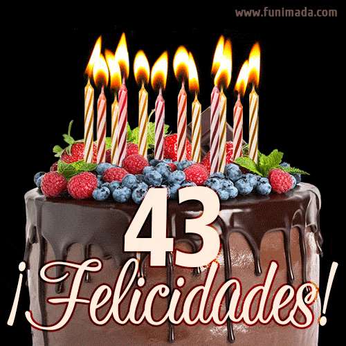 Feliz 43 cumpleaños pastel de chocolate. Imagen (GIF) con pastel y saludo.