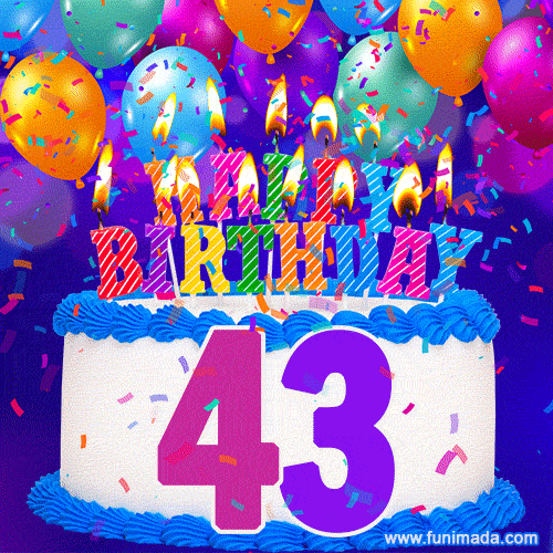 43rd Birthday Cake gif: colorful candles, balloons, confetti and number 43