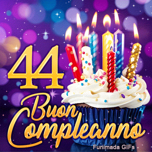 Immagine animata per 44 anni: il numero 44 d'oro brillante accanto a una torta di compleanno con candele risplendenti.
